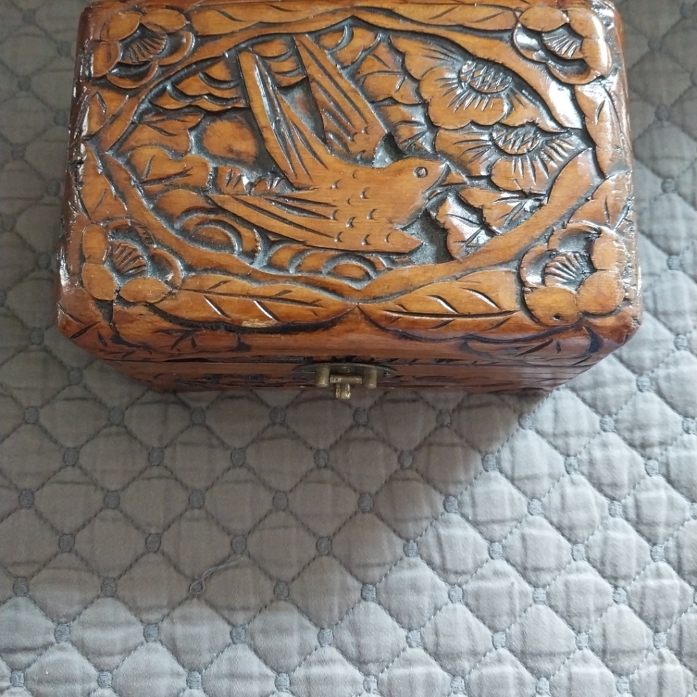 Hand Carved Wooden Jewelry Box with Bird Design